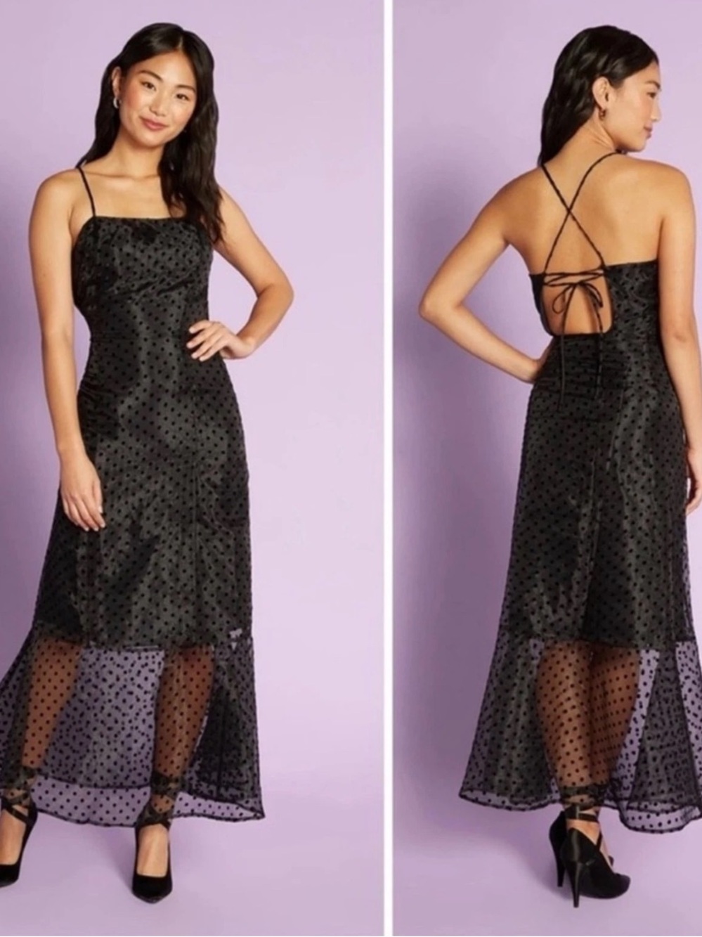 ModCloth Black Sheer Swiss Dot Witchy Maxi Black Dress XL Goth Criss Cross Back - Picture 4 of 9
